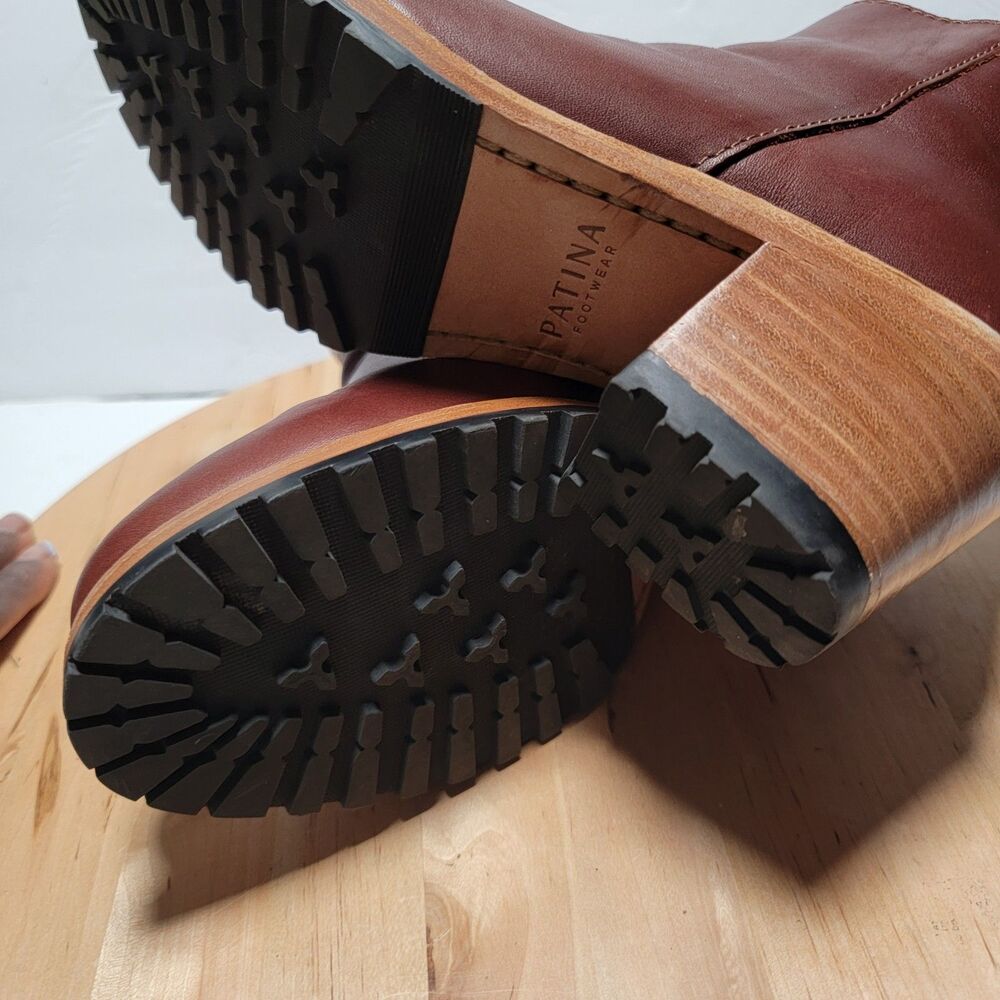 Patina Leather Ankle Boots Lug Sole Zip Booties Brown Women’s Size 9 - Picture 7 of 8